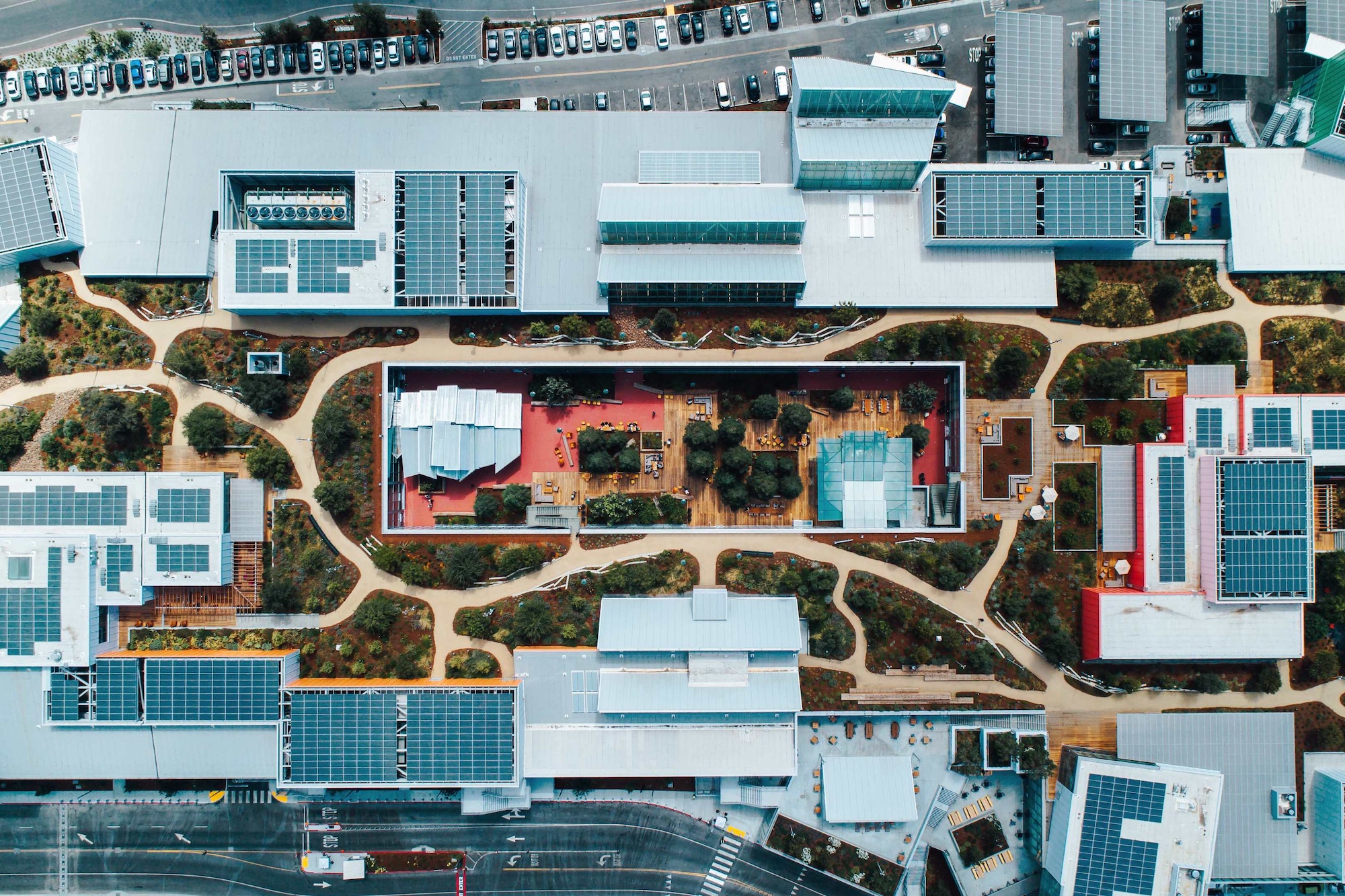 Aerial view of the green roof on Meta's Menlo Park campus.