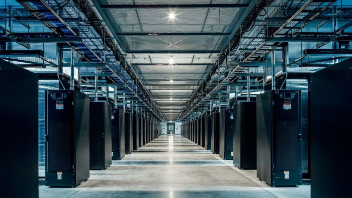 Row of hardware at a data center