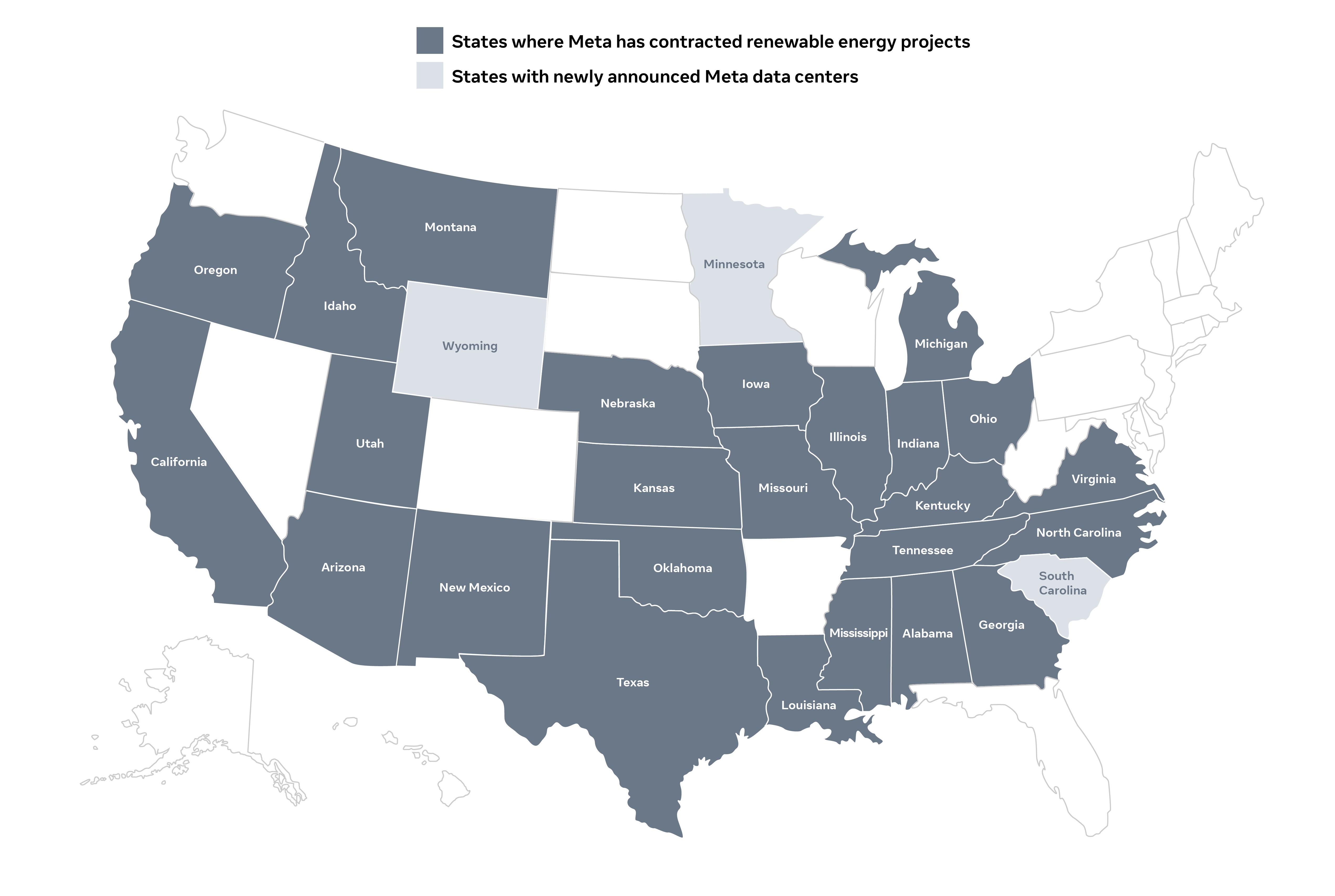 Map showing location of Meta renewable energy projects and data centers.