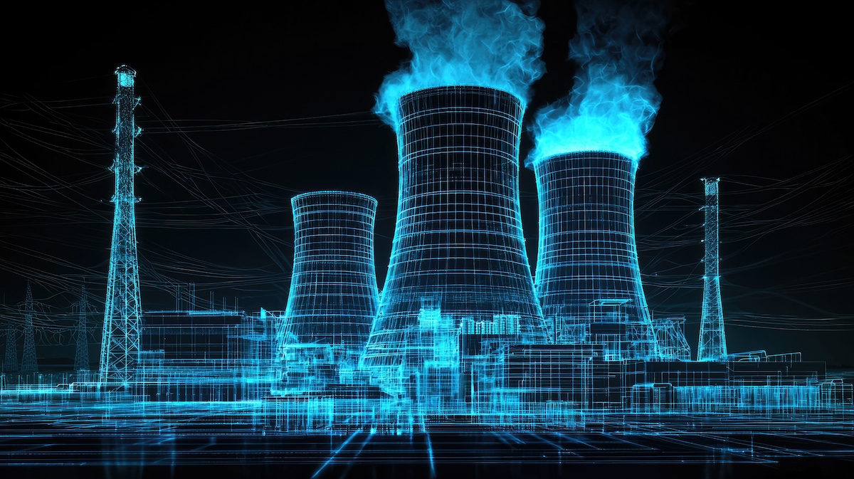 A digital art rendering of the nuclear power plant with blue glowing accents, showcasing energy production and technology elements in a wireframe.