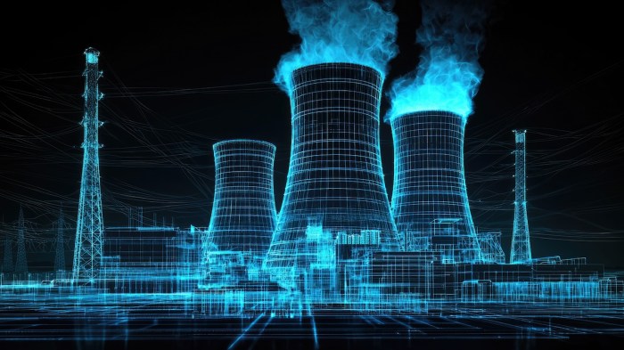 A digital art rendering of the nuclear power plant with blue glowing accents, showcasing energy production and technology elements in a wireframe.